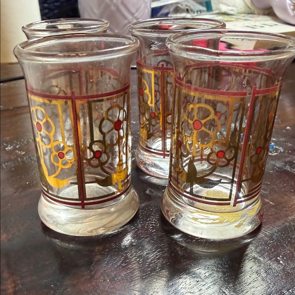 Holmegaard Clear Glass Shot glasses with Gold and Red Floral Motif. Set of 4